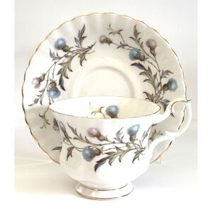 Royal Albert Brigadoon Teacup & Saucer Bone China England Blue Pink Thistle Gold